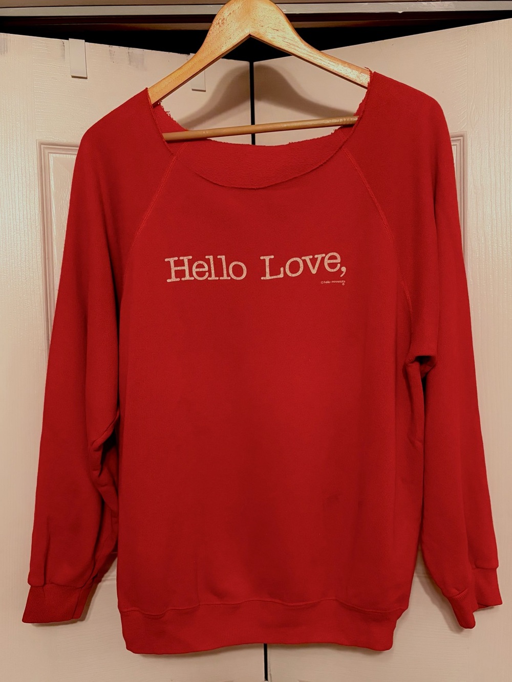 Vintage Red Crewneck Sweatshirt with "Hello Love," Graphic